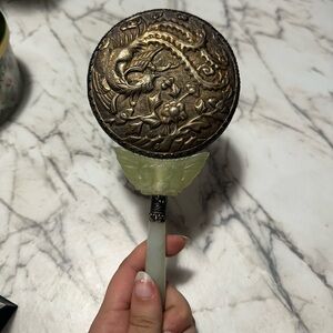 Antique Chinese Cinnabar Jade Large Hand Mirror - Qing Dynasty Replica (?)